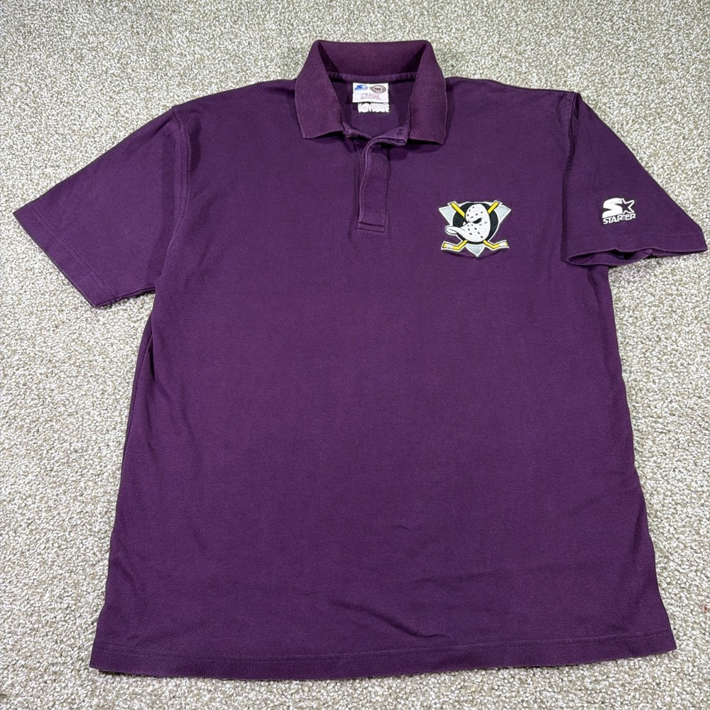 Vintage Mighty Ducks CCM x Starter Polo Shirt Burgundy Size Large Embroidered